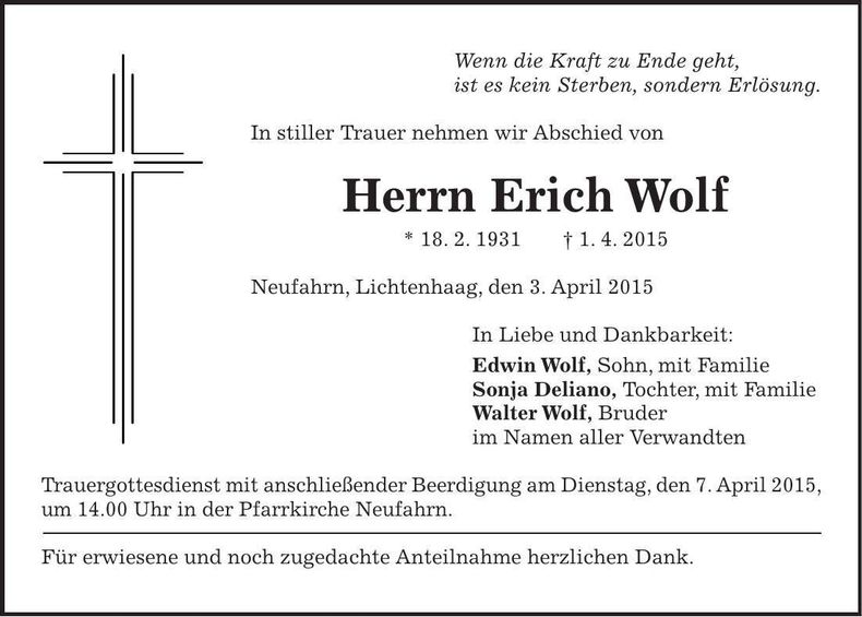 Traueranzeige Erich Wolf