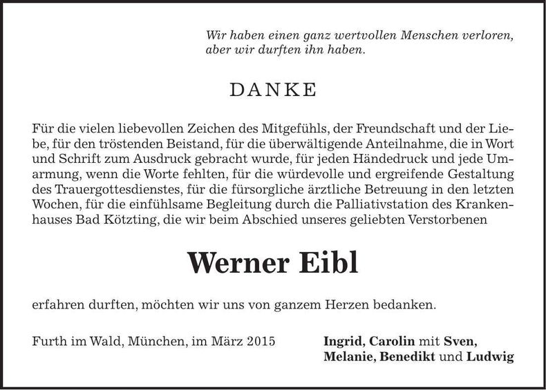 Traueranzeige Werner Eibl
