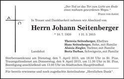 Traueranzeige Johann Seitenberger