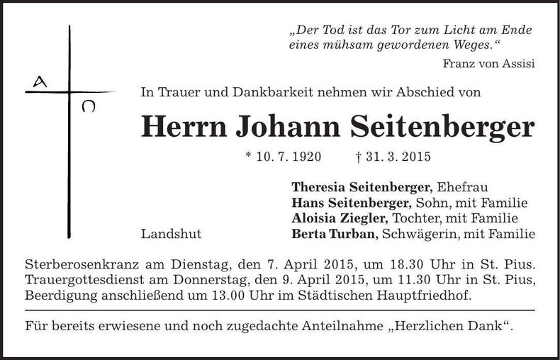 Traueranzeige Johann Seitenberger