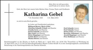 Traueranzeige Katharina Gebel