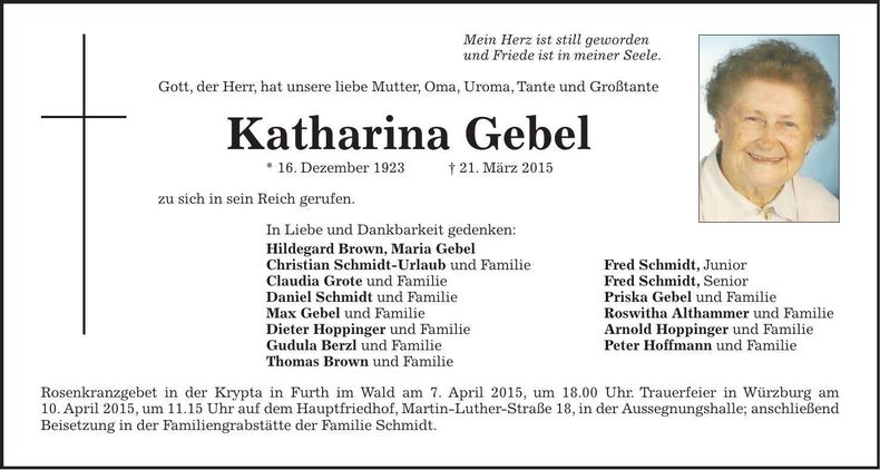 Traueranzeige Katharina Gebel