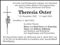 Traueranzeige Theresia Oster