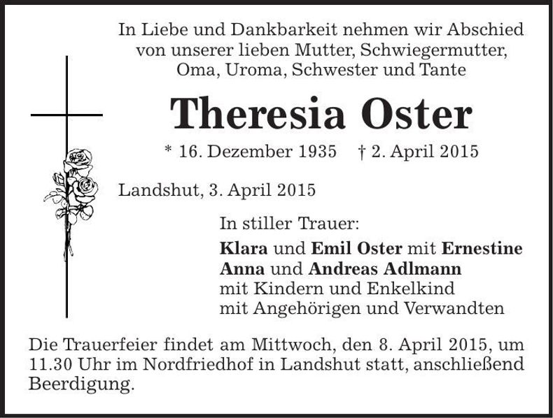 Traueranzeige Theresia Oster