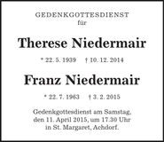 Traueranzeige Therese, Franz Niedermair