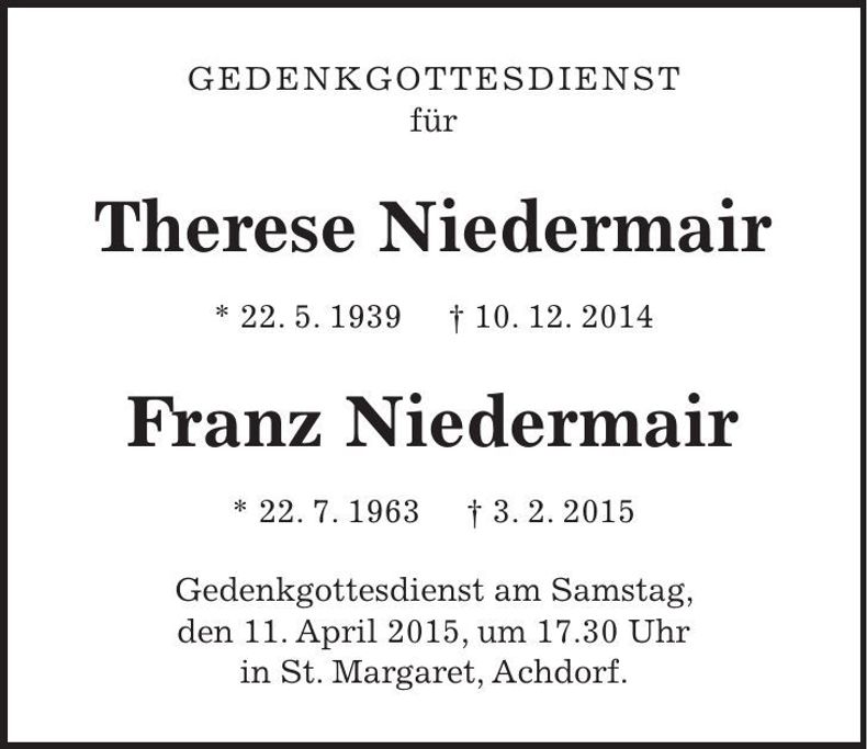 Traueranzeige Therese, Franz Niedermair