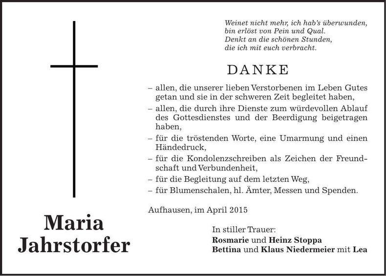 Traueranzeige Maria Jahrstorfer