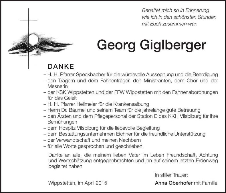 Traueranzeige Georg Giglberger