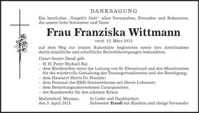 Traueranzeige Franziska Wittmann