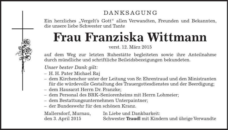 Traueranzeige Franziska Wittmann
