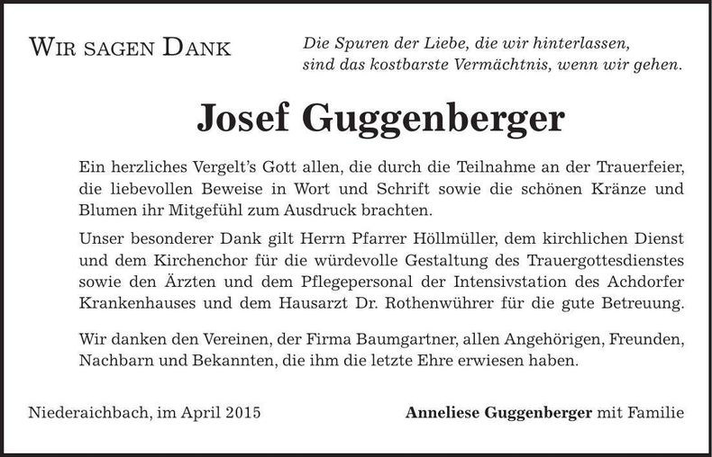Traueranzeige Josef Guggenberger