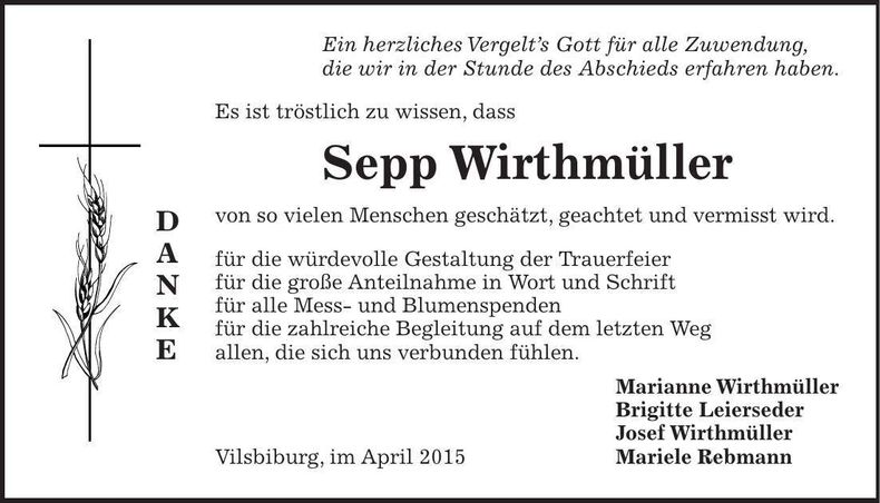 Traueranzeige Sepp Wirthmüller