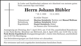 Traueranzeige Johann Hübler