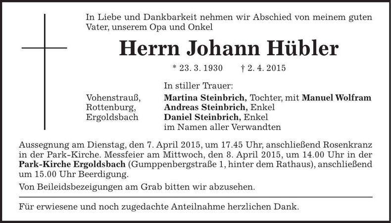 Traueranzeige Johann Hübler