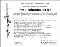 Traueranzeige Johanna Maier