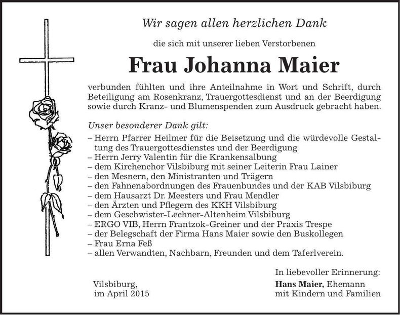 Traueranzeige Johanna Maier