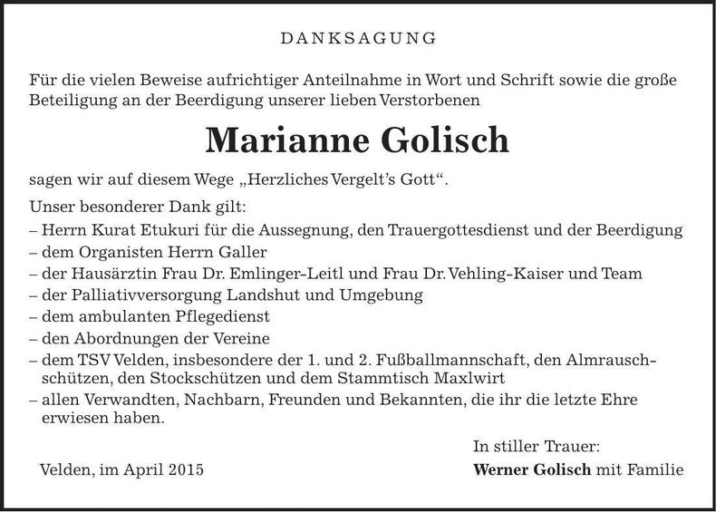Traueranzeige Marianne Golisch