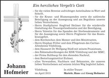 Traueranzeige Johann Hofmeier