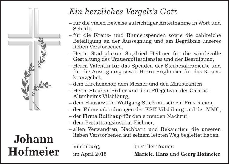 Traueranzeige Johann Hofmeier