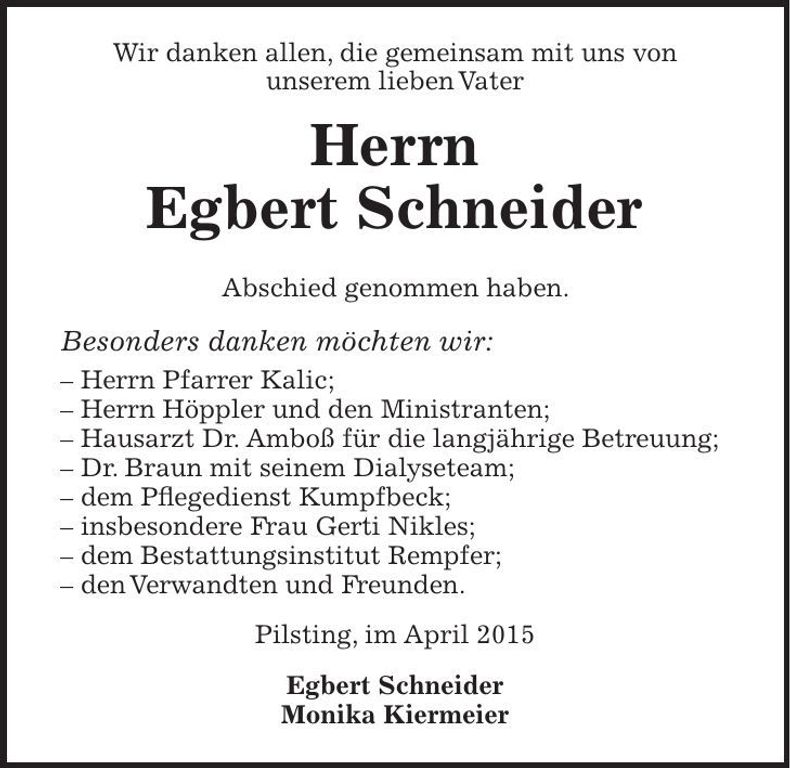 Traueranzeige Egbert Schneider