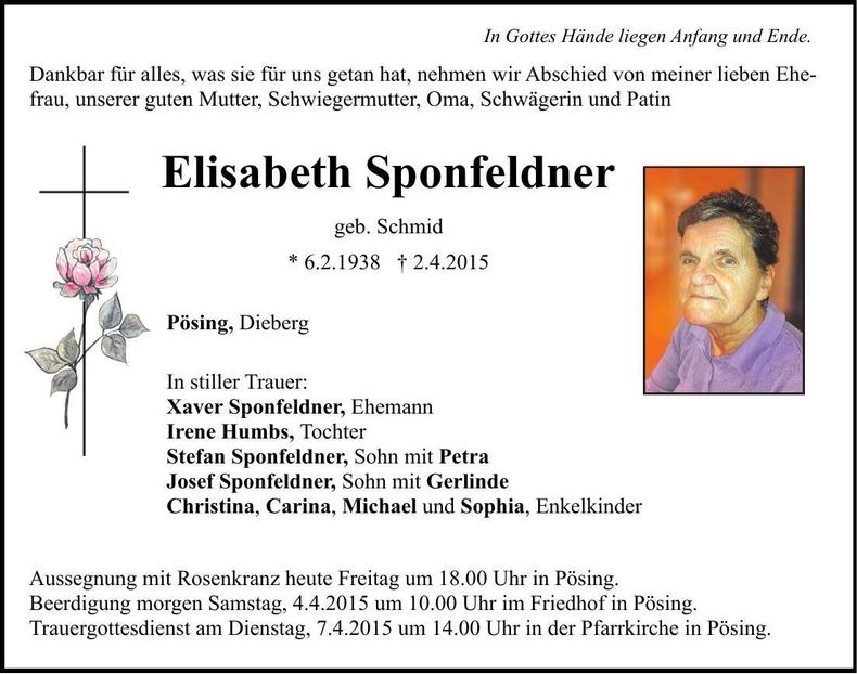 Traueranzeige Elisabeth Sponfeldner