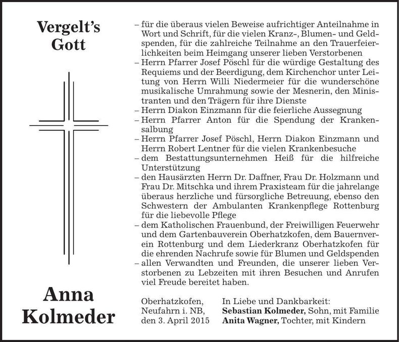 Traueranzeige Anna Kolmeder