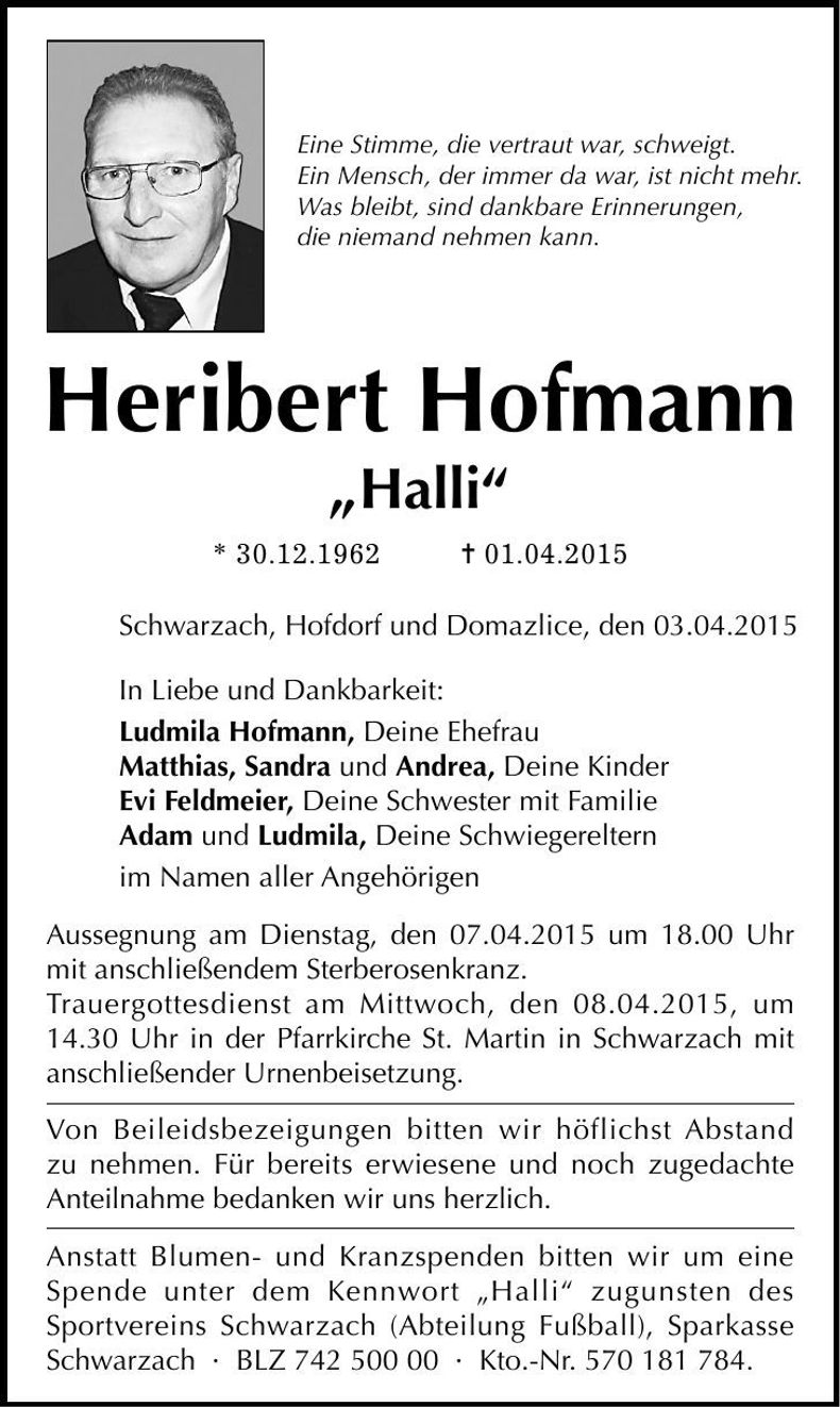 Traueranzeige Heribert Hofamnn