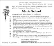 Traueranzeige Marie Schenk