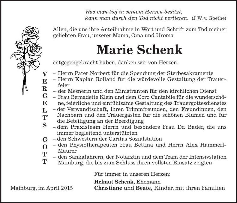 Traueranzeige Marie Schenk