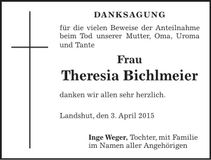 Traueranzeige Theresia Bichlmeier