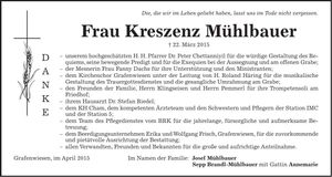 Traueranzeige Kreszenz Mühlbauer