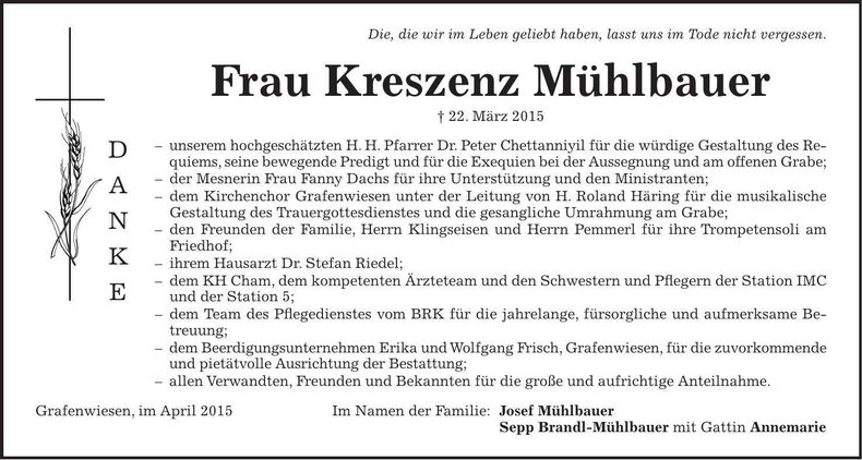 Traueranzeige Kreszenz Mühlbauer