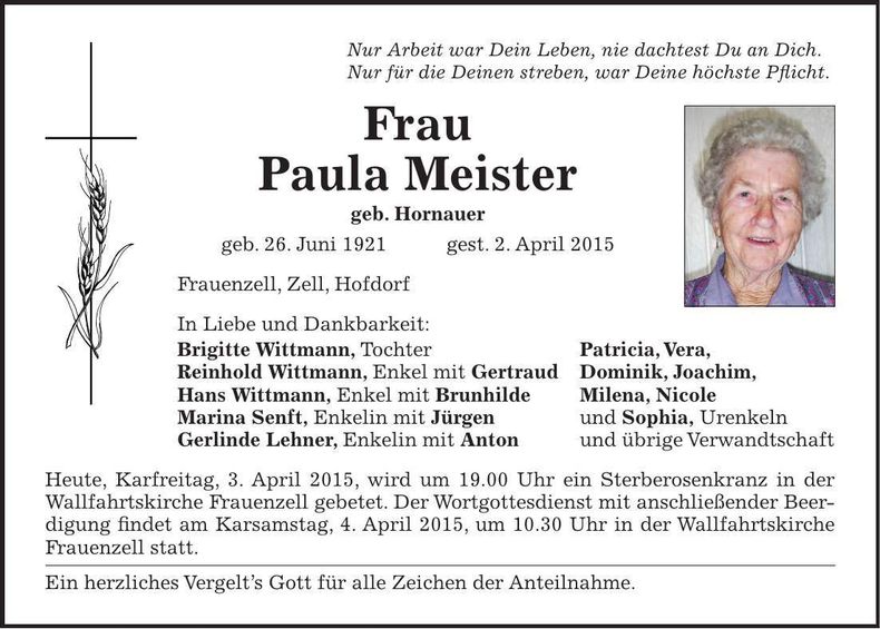 Traueranzeige Paula Meister