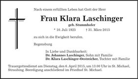 Traueranzeige Klara Laschinger