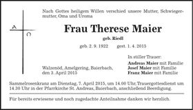 Traueranzeige Therese Maier