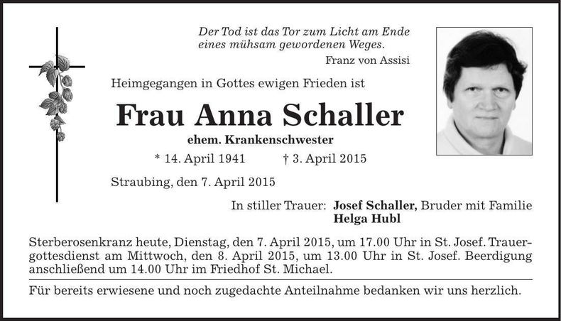 Traueranzeige Anna Schaller