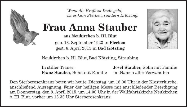 Traueranzeige Anna Stauber