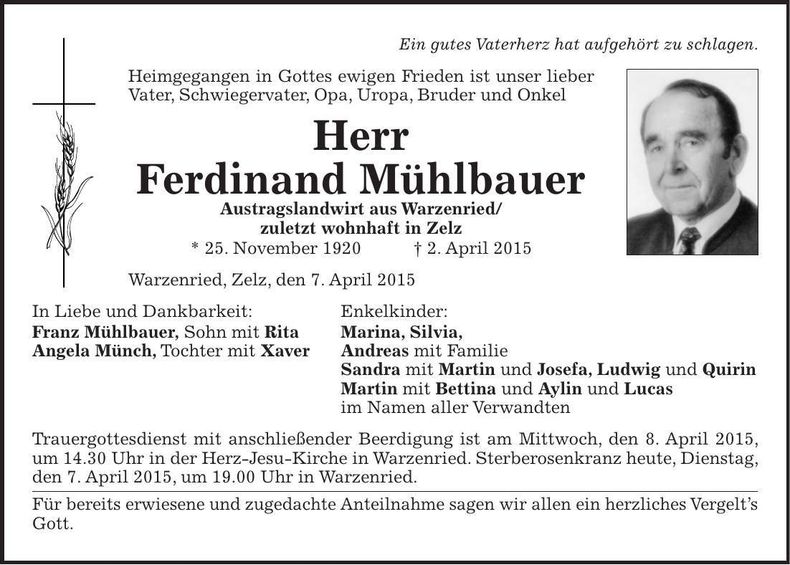 Traueranzeige Ferdinand Mühlbauer