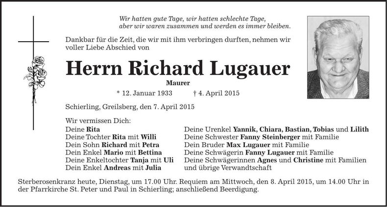 Traueranzeige Richard Lugauer