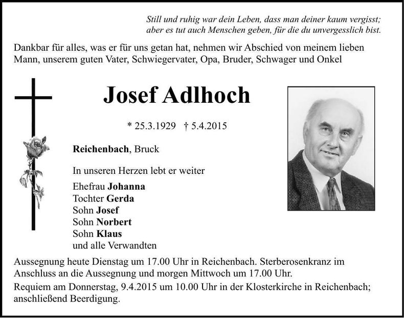 Traueranzeige Josef Adlhoch