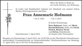 Traueranzeige Annemarie Hofmann