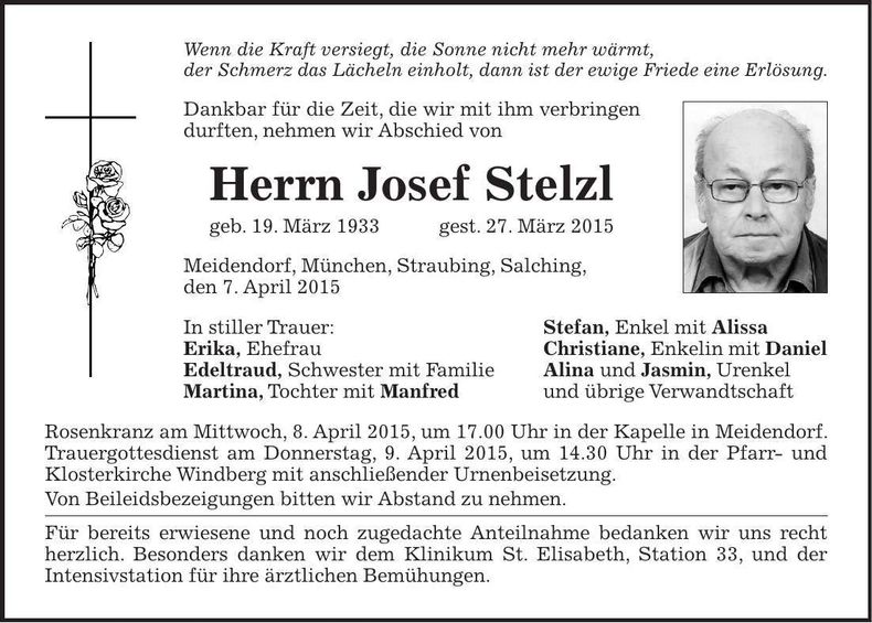Traueranzeige Josef Stelzl
