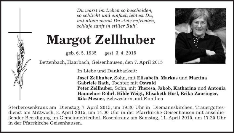Traueranzeige Margot Zellhuber