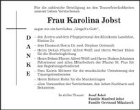 Traueranzeige Karolina Jobst