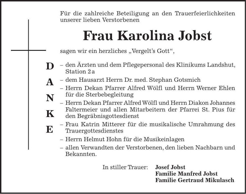Traueranzeige Karolina Jobst