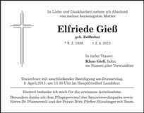 Traueranzeige Elfriede Gieß