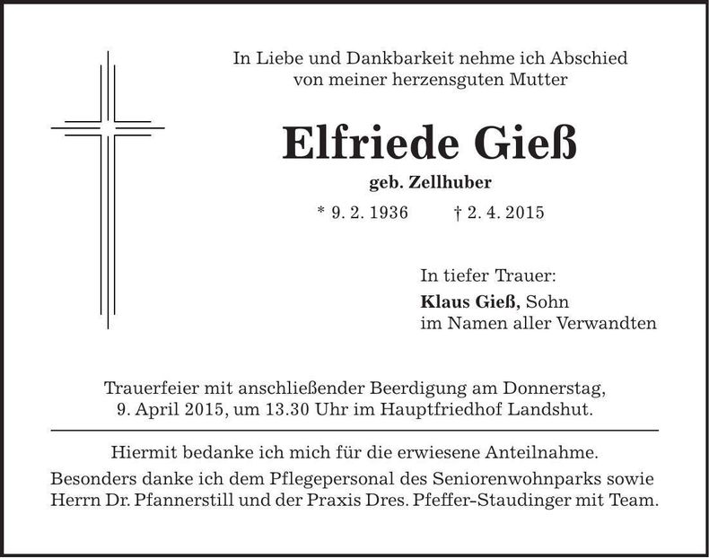 Traueranzeige Elfriede Gieß