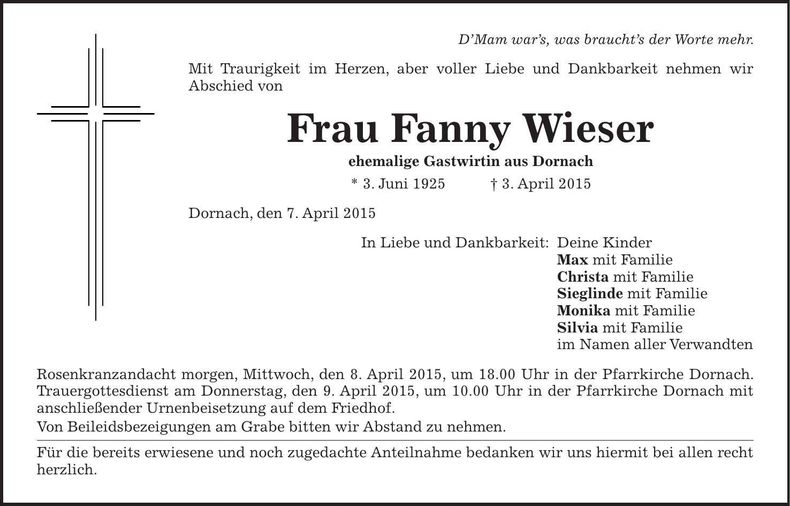 Traueranzeige Fanny Wieser