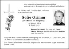 Traueranzeige Sofie Grimm