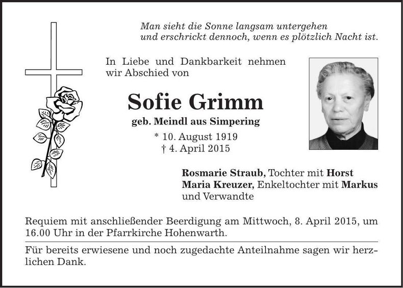 Traueranzeige Sofie Grimm